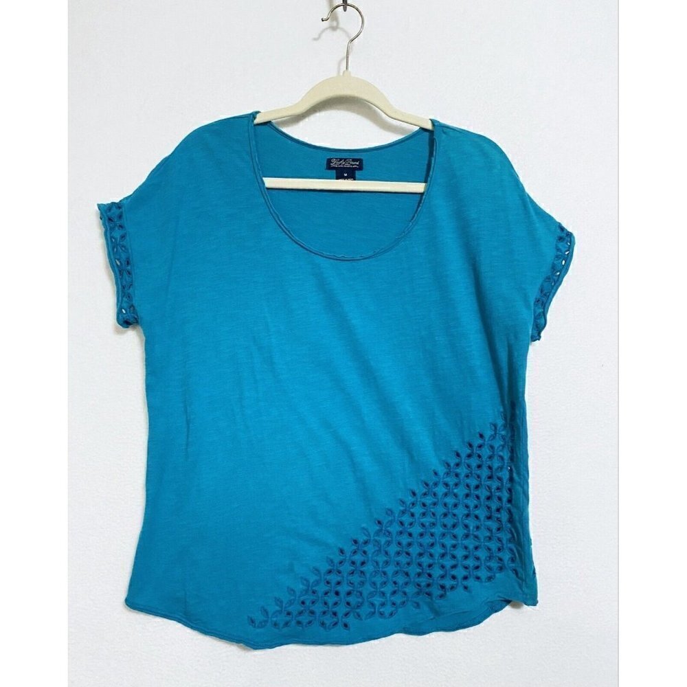 Lucky Brand Womens Medium Eyelet Hem Slub Knit Top Aqua Blue Short Sleeve Boho